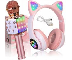 Belaidės bluetooth CAT EARS LED ausinės su katės ausytėmis + Karaoke mikrofonas