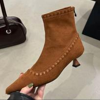 Fashion Woven Booties Women 2025 New Fall Winter Retro Suede Pointed Toe Stretch Skinny Boots 35