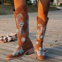 Fashion Women's Boots New Embroidered Long Tube Boots Low Heel Calf Waterproof Comfort Fashion Knight Boots Botas Mujer Botas Feminino 36