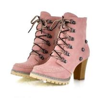 Women Boots High Heels Lace Up Female Shoes Round Toe Luxury Designer Rivets Stiletto Large Size Rock Rubber Mid Calf Ladies Mid 35
