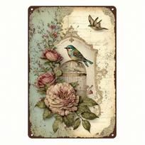 Shabby Chic Floral Bird Metal Plaque, Vintage  Birdcage & Rose  Decor, Home Art Accent for Shabby Chic & Nature Fans 20x30cm（7.8x11.8inch）