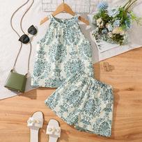 Girls Suit Cross-border Children's Clothing 2025 Summer New Style Medium and Large Children's Retro Printed Sleeveless Tops and Shorts Two-piece Set 8Y žalia
