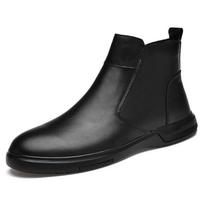 Men's Mid-High Martin Leather Boots - Genuine Cowhide Slip-on Ankle Boots for Autumn/Winter, Business Casual Style Size 39