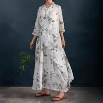 Mountain Spirit Sheer Flowy Tie-Waist Long Dress with Irregular Neckline, Women's Ramie Tea Dress Medium
