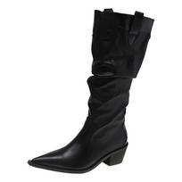 Comemore Knee High Boots Woman Autumn Slip on Women Shoes Pointed Toe Square Mid Heels Pleated Leather Long Boots Botas De Mujer 35