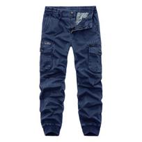 Men Cargo Pants Solid Color Zipper Fly Multi Pockets Drawstring Elastic Waist 36
