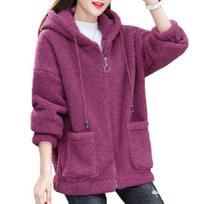 Sherpa striukė moterims su užtrauktuku, pūkuotas vilnos striukė, oversized, šilta, puri, su gobtuvu, žieminė, rudens, laisvalaikio viršutinė apranga su kišenėmis XL rožinė raudona spalva