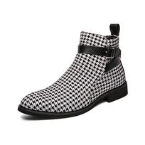 Men's Fashion Houndstooth High-Top Buckle Leather Boots, European & American Style, Large Size. Size 44