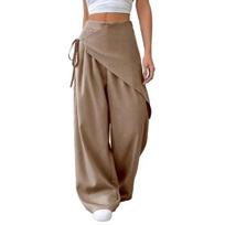 Yousheng Women Long Pants, Oversized Wide Leg Trousers with Apron Decor, Pure Color Elastic Waist Casual Pants for Daily Commuting S