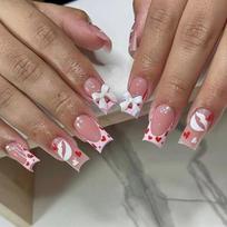 Medium Square Full Cover False Nails 24Pcs Press on Nail with Bows Charms for Women Nail Art Valentine's Day Nails 1