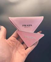 PRADA Pink Triangle PRADA Logo Pocket Mirror Brand Beauty Accessory, Mini Portable Hand Mirror with Storage Pouch for Women Makeup