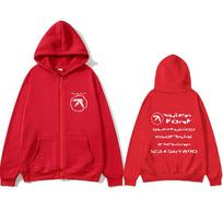 Aphex Twin Double Sided Print Zipper Hoodie Men Women Fashion Oversized Streetwear Men'S Casual Fleece Cotton Zip Up Jacket Coat S raudona