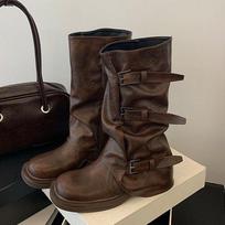 Belt Buckle Sleeve Boots Fashion Round Toe Waterproof Non-slip Block Heel Resistant Mid-leg Boots 35