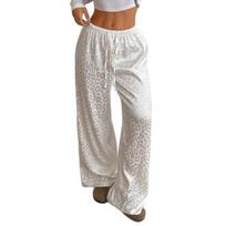 Women's Elastic Waist Drawstring Straight Casual Pants Fashionable Satin Leopard Jacquard Trousers S