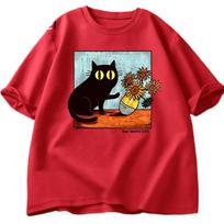 Van Gogh Cat Graphic T Shirts Men Women Flower Black Cat T-shirt Round Neck Short Sleeve Trendy Tee Shirt Street Wear Summer 4XL