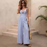 Women Striped Wide Leg Jumpsuits Sleeveless Spaghetti Strap Twist Cutout Back Beach Party Romper S