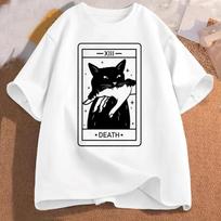 Tarot Death Witchy Cat Women Funny Tarot Card T Shirt Cat Mom Tee Shirt Crazy Lovers Cat Lady Harajuku Short Sleeve Casual Tees XXXL