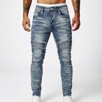 Temu Men's Slim Fit Stretchy Biker Jeans with Patchwork and Ripped Design - Trendy Streetwear Fashion 34