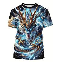 Men's 3D Thunder Dragon Print Crew Neck Short Sleeve T-Shirt Breathable Stretch Fashion T-Shirt Outdoor Casual Party T-Shirt S