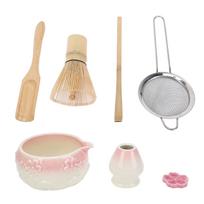 7 vnt. Matcha arbatos plakiklių rinkinys Elegantiškas glazūruoto keramikos Matcha paruošimo rinkinys su dubenėliu, samteliu, sieteliu rožinė
