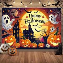 2D Spooky Halloween Backdrop with Full Moon, Ghosts and Pumpkins Party Decoration Background 47.2x31.5inch/120*80cm