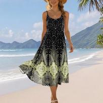 Women's Summer Fashion Printed Pocket Adjustable Shoulder Strap Bohemian Leisure Beach Resort Strap Dress L
