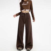 Meilade Women's Plus Size High-Waisted Brown Wide-Leg Jeans - Loose, Straight-Leg, Floor-Length Pants for Spring and Autumn Large