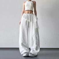 New Women's Lace Patchwork Wide Leg Pants, High Waist Drawstring Straight Leg Sweatpants with Designer Detail for Spring Summer S
