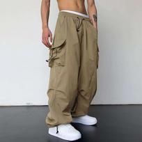 Men Cargo Pants Multi Pocket Oversized Solid Color Elastic High Waist Deep Crotch Ankle-banded Soft Breathable Hip Hop M