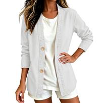 Women's Casual Open Front Cardigan Denim Look Jacket Long Sleeve Button Down Lightweight Outerwear for Everyday Wear M