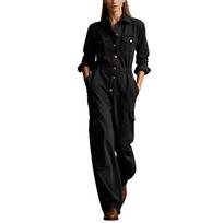 Women's Color Cargo Pocket Jumpsuit with Notched Collar, Long Sleeves and Fitted Waist M