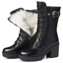 Winter Black Brown Leather Platform Women Boots Thick Wool Warm Women 7cm High-Heel Female Snow Boots Outdoors Cotton Shoes 35