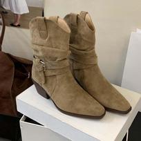 Cowhide version~ retro suede V-mouth western cowboy boots women's high-heeled pointed mid-tube boots belt buckle stacking boots 35