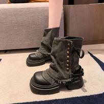 Fashion Women Boots British Fashion Pants Leg Boots New Thick Soled Rivet Zipper Belt Buckle Platform Anti Slip Cowboy Short Boots 35