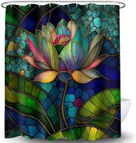 Vibrant Stained Glass Lotus Waterproof Shower Curtain - Intricate Floral Design for a Luxurious and Artistic Bathroom Decor W90XH180cm