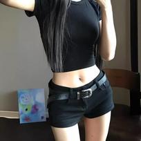 Black Low-Waist Denim Hot Pants for Women - Summer Hip-Hugging Light Subculture Style, American Spicy Girl Elastic Shorts XS