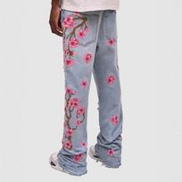 RogueWave Men Jeans Print Straight Pants Men Denim Jean Button Pockets Pants Streetwear High Street Mid Waist Hole Spliced 28