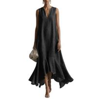 Yousheng Women's Long Denim Dress Casual Loose Sleeveless V Neck Maxi Dress Beach Vacation Ruffle Flowy Sundress S