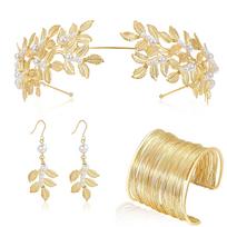 Grecian Goddesses Costume Accessories Set Leaf Headband Coil Upper Arm Bracelet Dangle Earrings for Wedding Toga Party