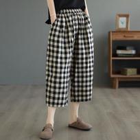 Women's Retro Plaid High-Waisted Wide-Leg Cropped Pants - Summer Lightweight Style M (85-105 jin)