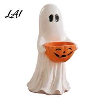 Holiday Party Buffet Tableware Resin Ghost Statue with Pumpkin Candy Bowl Cute Figurine Trick Halloween Bowl or Treat Holder for Front Porch S