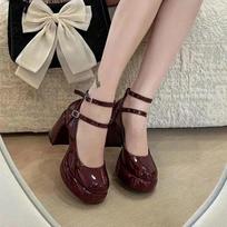 Fashion Women Pumps Shoes Cross Strap Ladies Shallow Dress Mary Jane Shoes Female Elegant High Heel Footwear Platform Heels Zapatillas 35 vyno raudonos spalvos