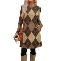 Women's Fashion Casual Dress With Pockets, Decorative Buttons,  Round Neck And Long Sleeves M