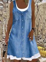 Denim Sleeveless Dress with White Trim Button Front In Multi Colors & Floral Prints S