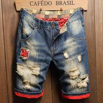 Men's Retro Blue Denim Ripped Capri Shorts - Loose Fit, Five-Point Mid-Length, Plus Size Size 38