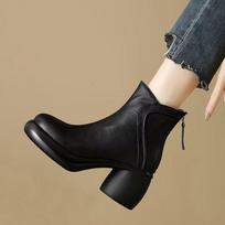 French retro small ankle boots autumn and winter new velvet high-heeled thick-heeled short Martin boots women's thick-soled soft-soled bare boots 35