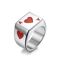 Fashionable Mens Silver Spinner Card Poker Enamel Heart a Spades a Titanium Steel Plain Blank Glossy Signet Ring 7 white