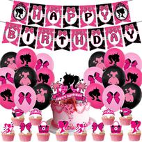 32 vnt. Barbės gimtadienio dekoracijose yra Banner Balloons Cake Toppers