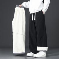 Men's Fleece Casual Pants Khaki Loose Straight Winter  Warm Thickened Wide Leg Pants Korean Style Street Lined Fleece Trousers M
