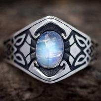 New Vintage Silver Color Carving Pattern Nordic Celtic Rings Imitation Moonstone Ring For Women Retro Fashion Party 6